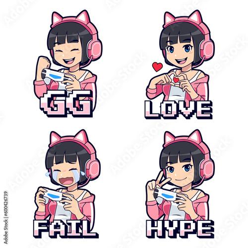 Cute pink streamer gamer girl twitch emotes and badges set