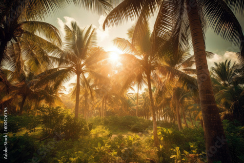 Tropical Paradise With Palm Trees And Sun. Generative AI