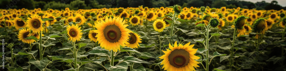 Bright Yellow Sunflowers In Field Summer Floral Display. Panoramic Banner. Generative AI