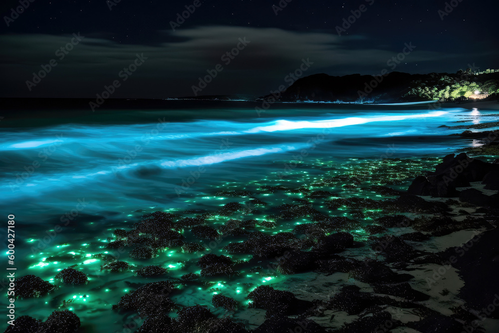 Bioluminescent Plankton Illuminating Dark Beach Scene. Generative AI