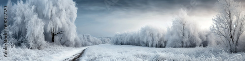 Blue And White Winter Landscape Winter Snowy. Panoramic Banner. Generative AI © Anastasiia