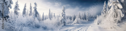 Blue And White Winter Landscape Winter Snowy. Panoramic Banner. Generative AI