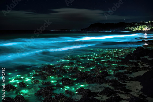 Bioluminescent Plankton Illuminating Dark Beach Scene. Generative AI