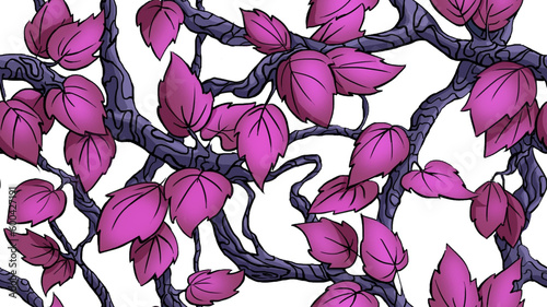 Pink leaves on intertwining vines on a white background. Seamless floral pattern.