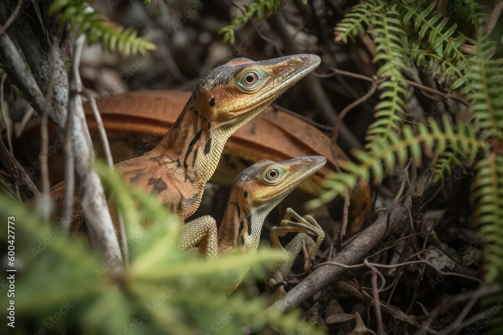 Obraz premium Dinosaurs Compsognathus Mother And Babies Hiding In Bush. Generative AI