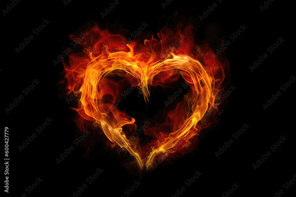 Fototapeta premium Fire Heart Sign On Black Background. Generative AI