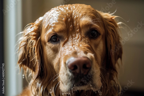 Golden Retriever With Soap Suds On Its Head. Generative AI photo