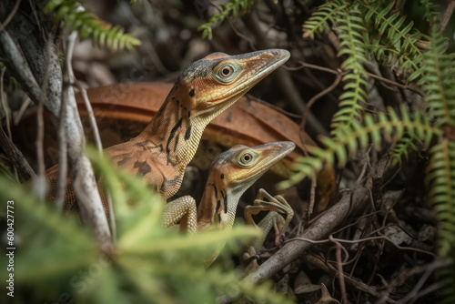 Dinosaurs Compsognathus Mother And Babies Hiding In Bush. Generative AI © Anastasiia