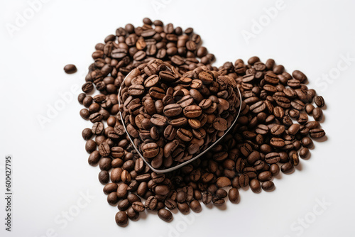 Heartshaped Coffee Beans On White Background. Generative AI