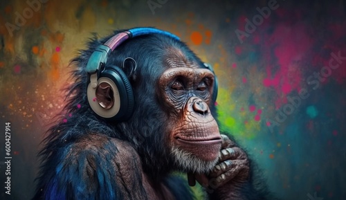 Chimpanzee Wearing Headphones and Listening to Music on a Colorful Background. Generative AI.