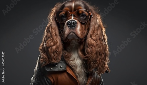 Cool Spaniel in a Leather Jacket and Sunglasses with Space for Copy. Generative AI.