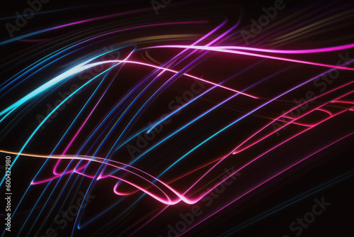Abstract lines in bright neon colors on black background. AI generated