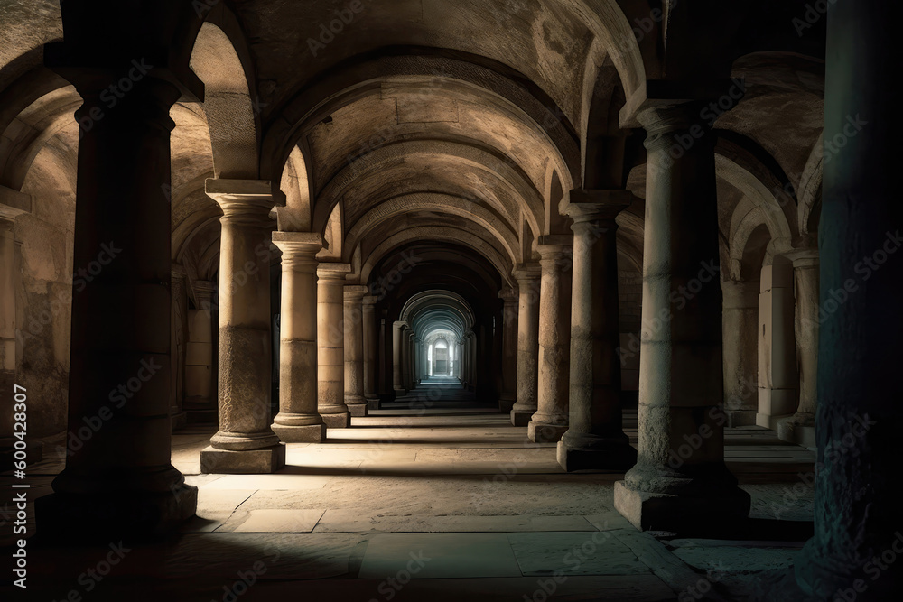 Tunnel With Arches And Columns Reminiscent Of Cathedral. Generative AI