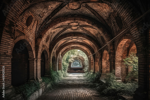 Tunnel With Intricate Brickwork And Arched Ceiling. Generative AI