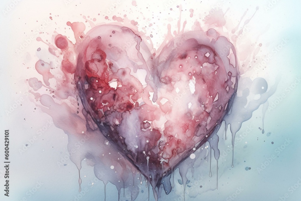 Watercolor heart illustration in soft pastel tones. Generative AI