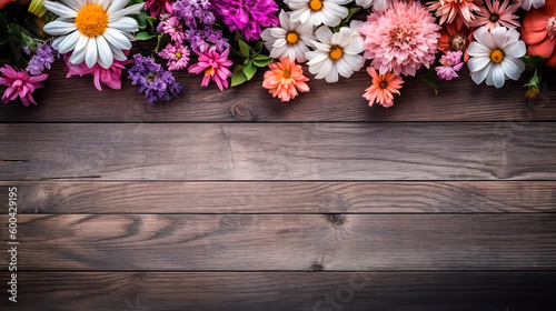 Garden flowers and plants on isolated wooden board background with copyspace. Generative AI