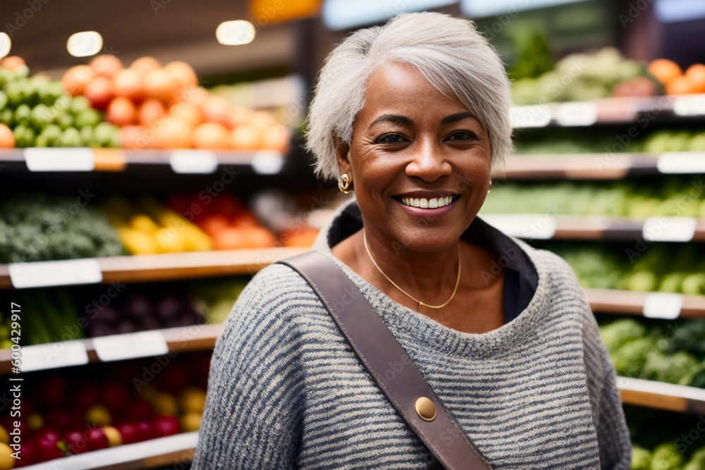 Portrait of happy smiling confident mature woman buyer enjoys shopping time at vegetables counter in a grocery supermarket. Generative AI