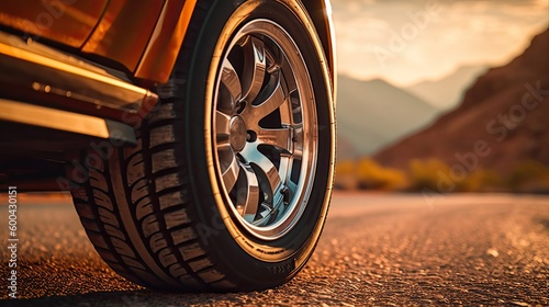 A close-up of a vintage car wheel and a tire on a road. Generative AI 