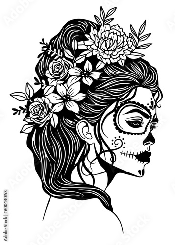 Mexican La Catrina. Woman with sugar skull makeup and flowers in her hair. Vector design.