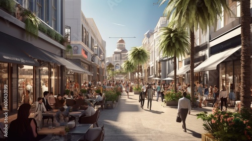 A bustling shopping street with trendy stores and cafes. Generative AI 