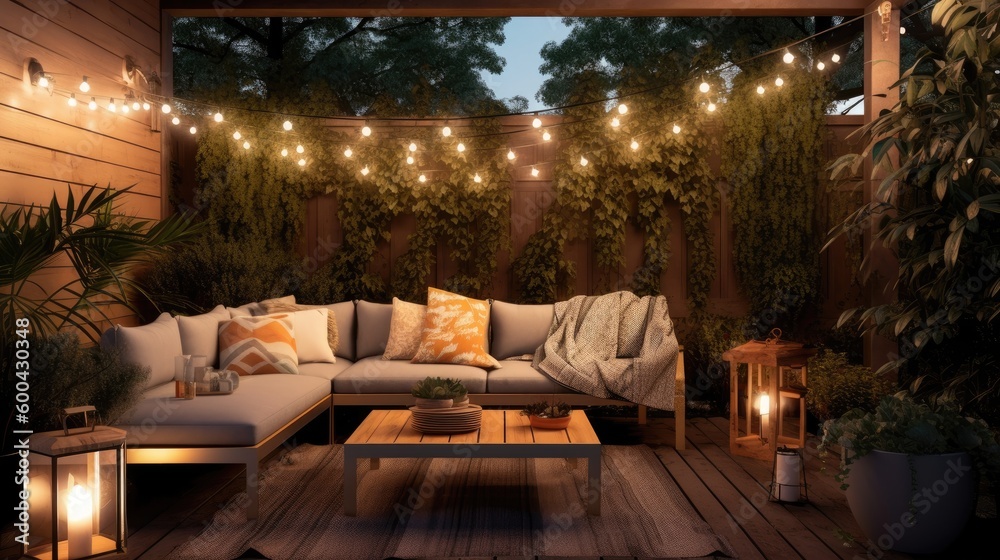A cozy outdoor patio with comfortable seating and lighting strips. Generative AI A cozy outdoor patio with comfortable seating and lighting strips. Generative AI