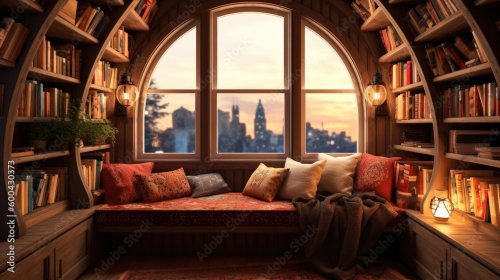 A cozy reading nook with a window seat and bookshelves. Generative AI  - obrazy, fototapety, plakaty 