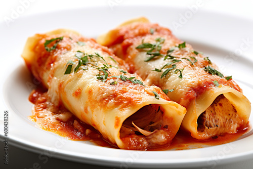 Cannelloni, pasta tubes filled with cheese or meat and baked with tomato sauce. Generative AI. photo
