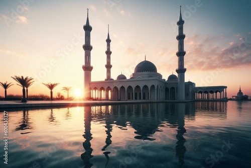 Tranquil mosque devoid of people illuminated by the sunrise. Generative AI