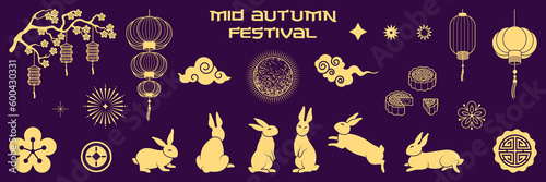 Mid autumn festival gold design elements set with moon, rabbits, flowers, clouds, fireworks, lanterns. Concept for holiday decor, card, poster, banner. Isolated vector objects illustration.