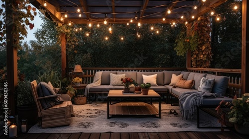 A cozy outdoor patio with comfortable seating and lighting strips. Generative AI 