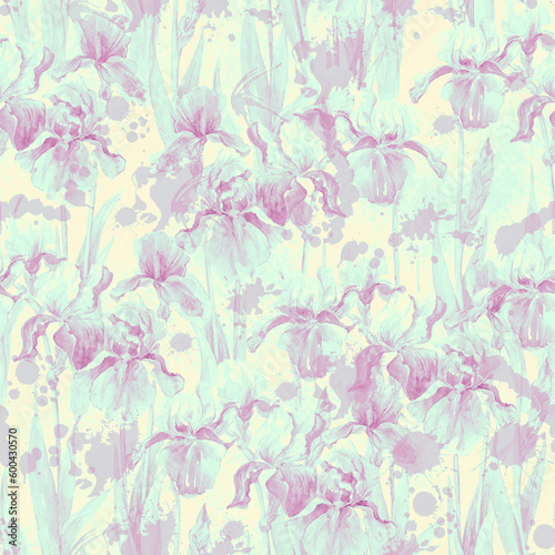 Summer meadow iris flowers watercolor monochrome seamless pattern on yellow background