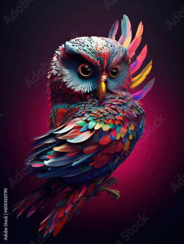 Owl psychedelic colour illustration with surreal feather. Generative AI. © Absent Satu