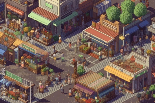 Pixel art of bustling morning market. Beautiful illustration picture. Generative AI