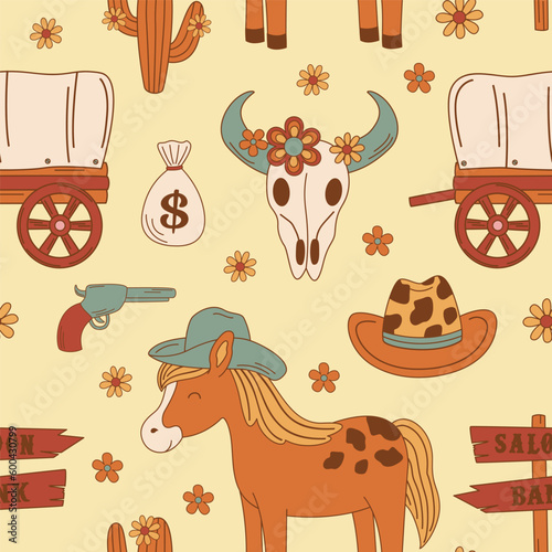 Slika na platnu seamless pattern with  cow skull, horse, waggon