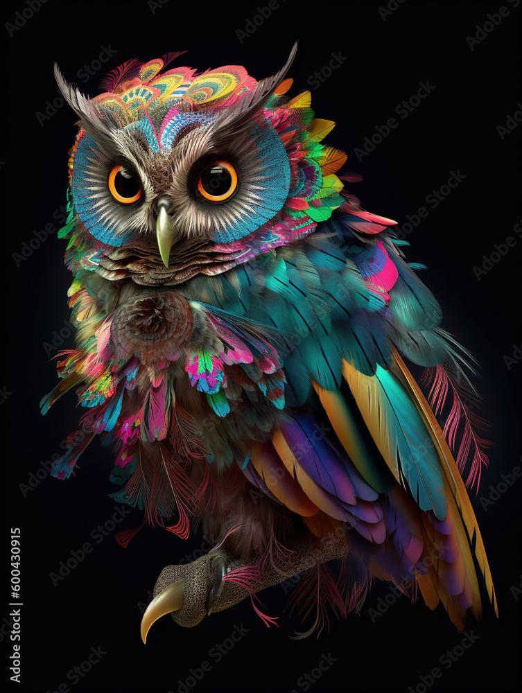 Owl psychedelic colour illustration with surreal feather. Generative AI. Owl psychedelic colour illustration with surreal feather. Generative AI.