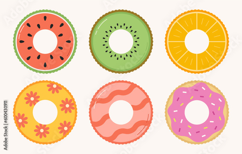 Collection of inflatable swimming rings. Cute colorful rubber toys. Watermelon, kiwi, orange, donut. Vector illustration