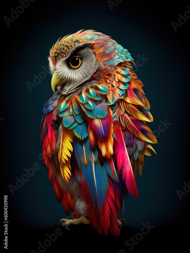 Owl psychedelic colour illustration with surreal feather. Generative AI.