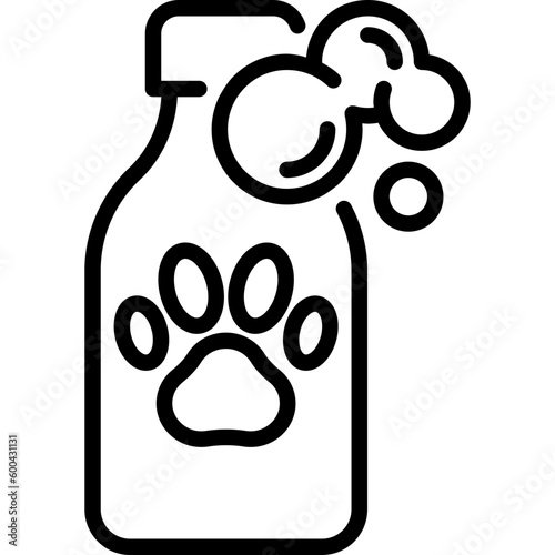 Pet shampoo thin line icon: bottle with paw. Modern vector illustration for pet shop.