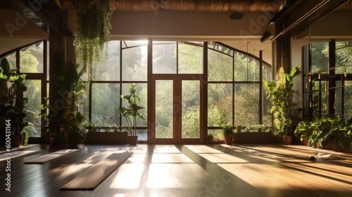 A yoga studio with large windows, plants, and a tranquil atmosphere. Generative AI 