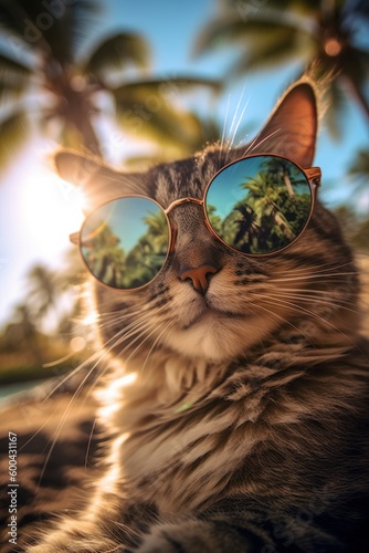 Portrait of the cat that is in sunglasses  having rest outdoors. Beautiful illustration picture. Generative AI
