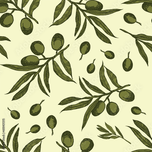 Vector graphics of olive branches. Pattern on a light background. Seamless pattern with olive branches graphics. Graphic background with green olives. Monochrome olive branches.