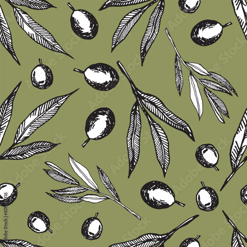 Vector graphics of olive branches. Seamless pattern with olive branches graphics. Graphic background with olives on a dark background.