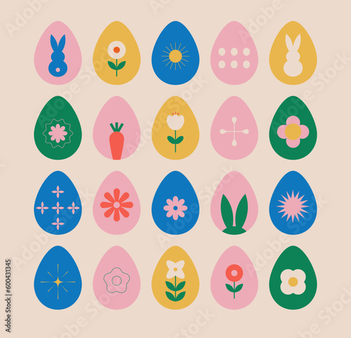 Easter eggs collection. Bright retro geometrical style. Flat minimal collection. Vector