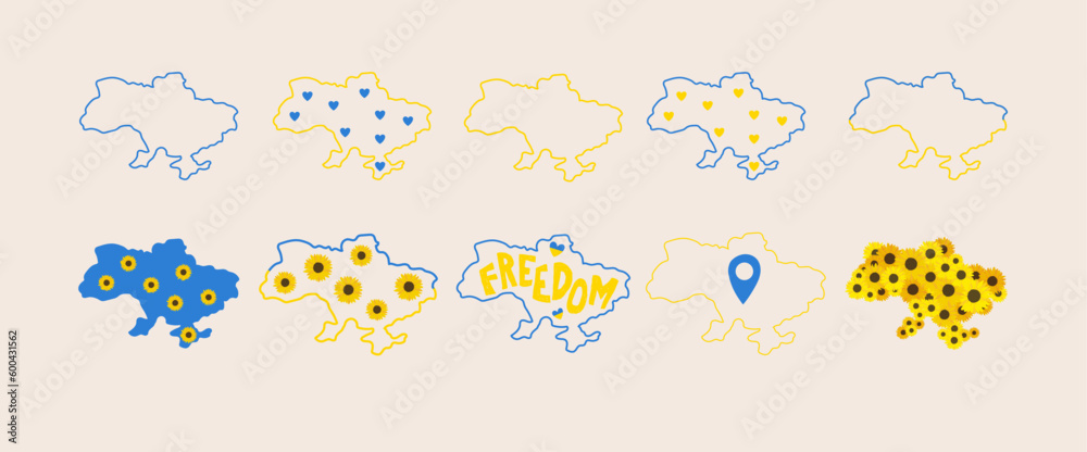 Ukraine map outline. Lineart prints. Yellow and blue map with sunflowers. Vector