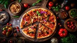 A delicious pizza with tomato, cheese, and vegetables toppings on a wooden table. Generative AI 