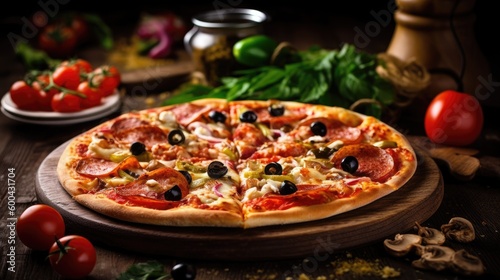 A close-up of delicious pizza with various toppings on a wooden table. Generative AI 