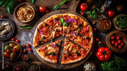 A delicious pizza with tomato, cheese, and vegetables toppings on a wooden table. Generative AI 