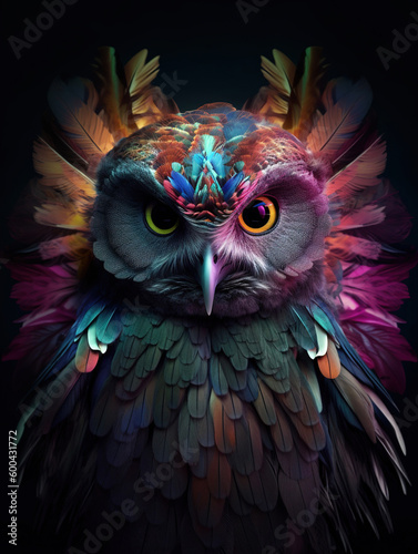 Owl psychedelic colour illustration with surreal feather. Generative AI. © Absent Satu