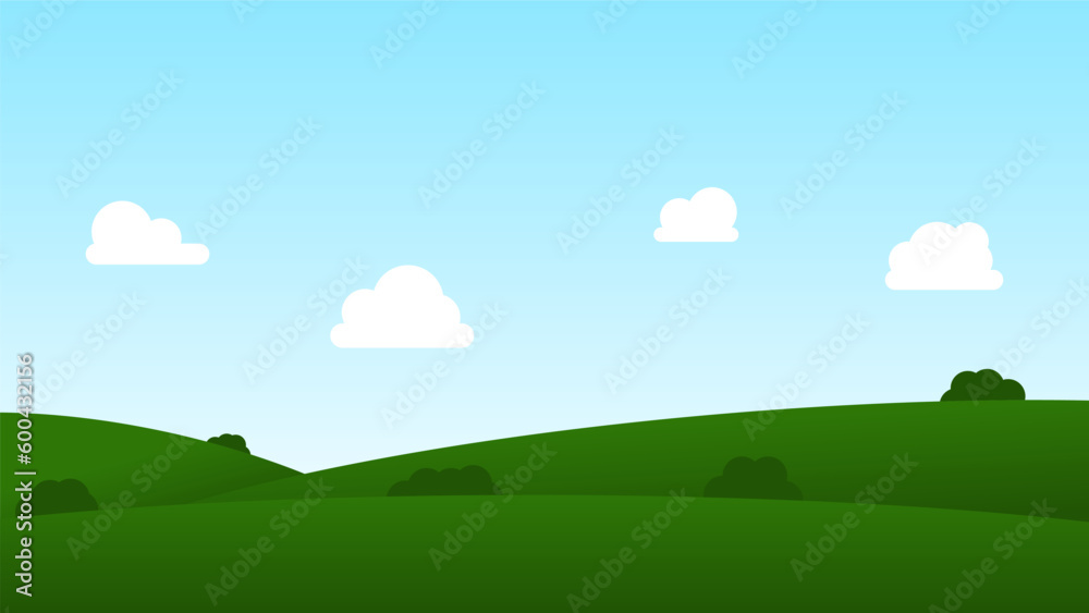 landscape cartoon scene background. green field with white cloud and blue sky