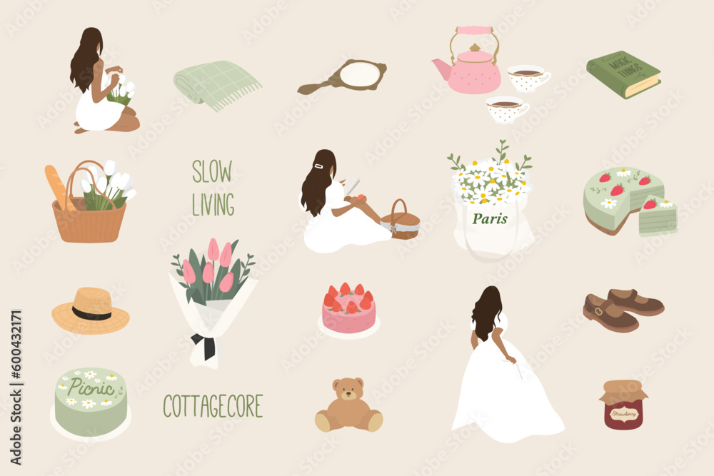 Picnic elements - beautiful girls, flowers, blanket, cake. Slow living concept. Vector